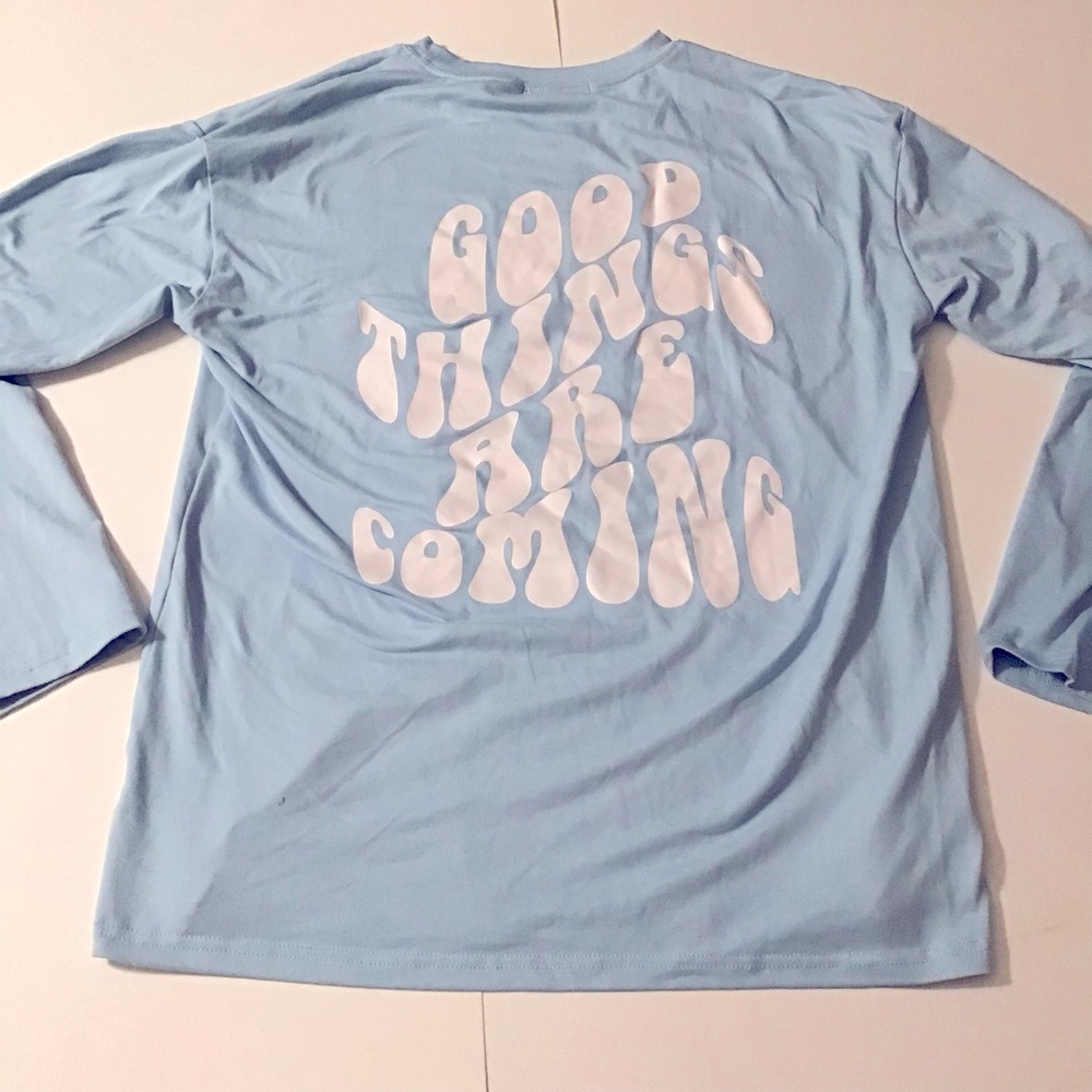 Shein Qutie Oversized Top Womens XS Baby Blue White Slogan Drop Shoulder Shirt